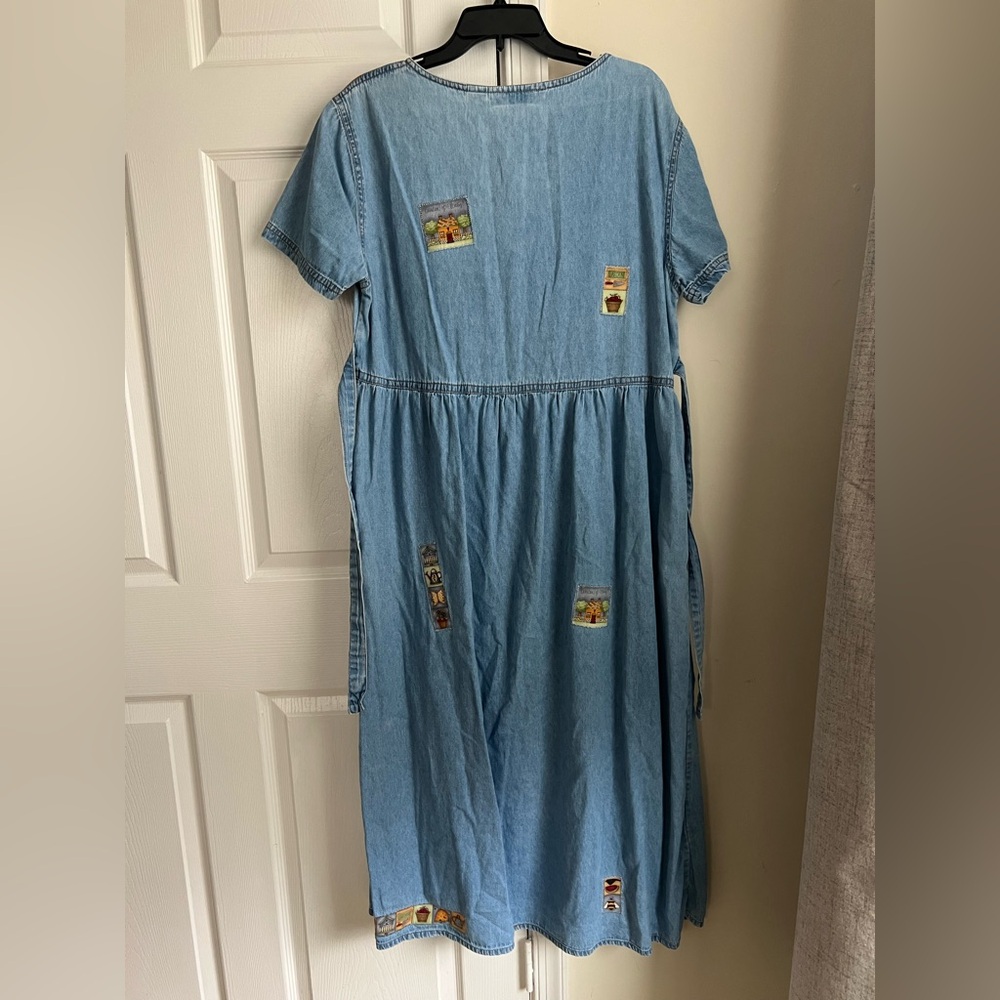 Vintage Jane Ashley Blue Denim Tie Back Garden Patchwork Cottagecore Dress Large - Picture 4 of 14